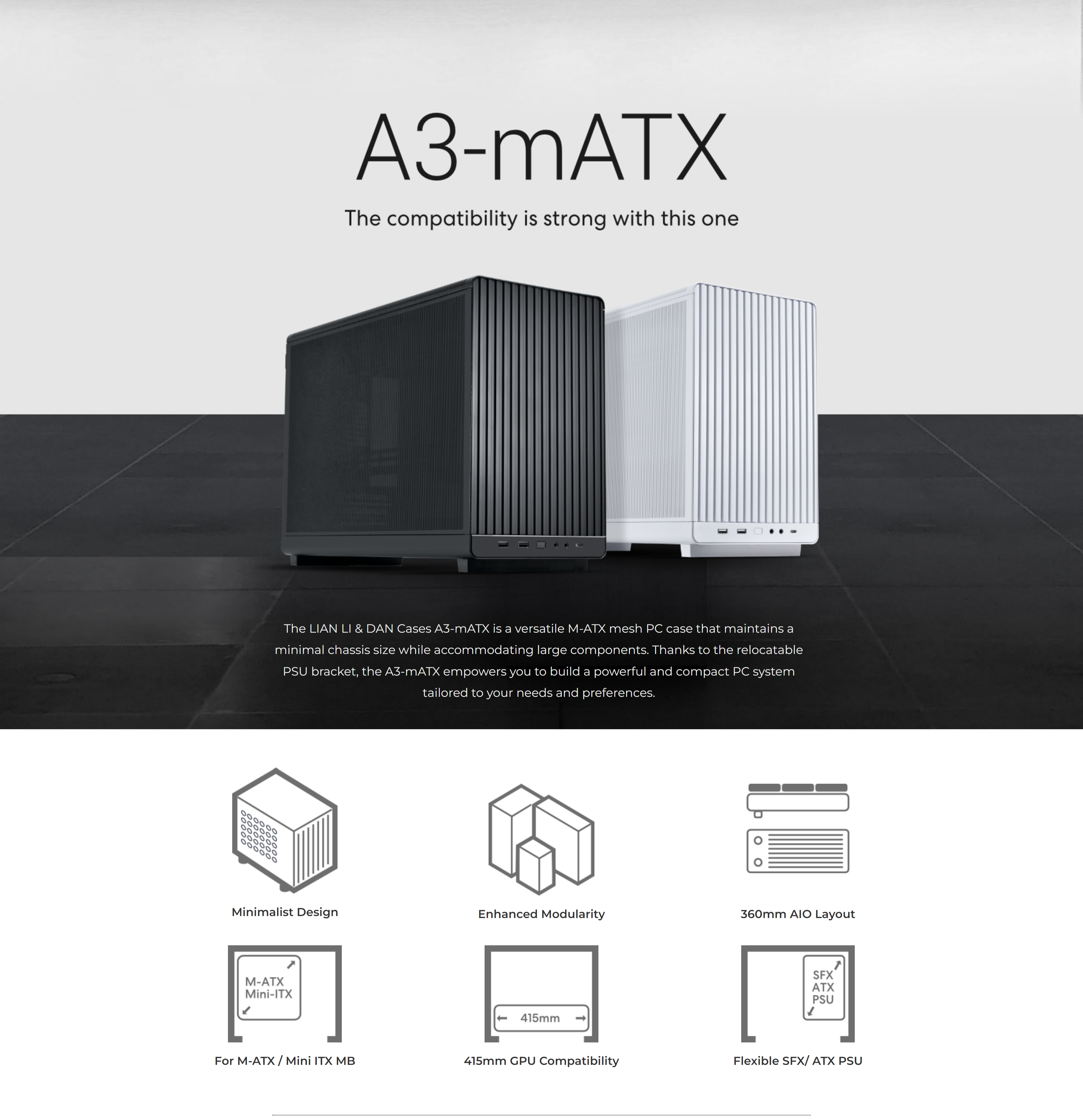 A large marketing image providing additional information about the product Lian Li A3 mATX Case - Black - Additional alt info not provided